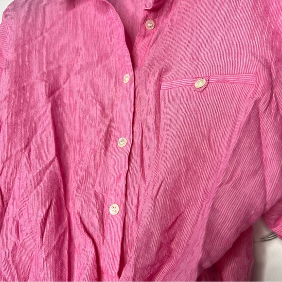 Frnch Paris blouse pink striped tie front bow button down tshirt collared top - Picture 4 of 10